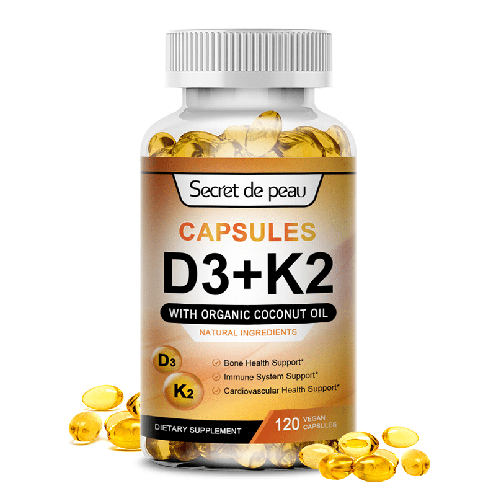 (2 Pack)Secret de peau Capsules D3 + K2 Vitamin Supplement,Supports Immune System,Heart,Bones,120 Ct