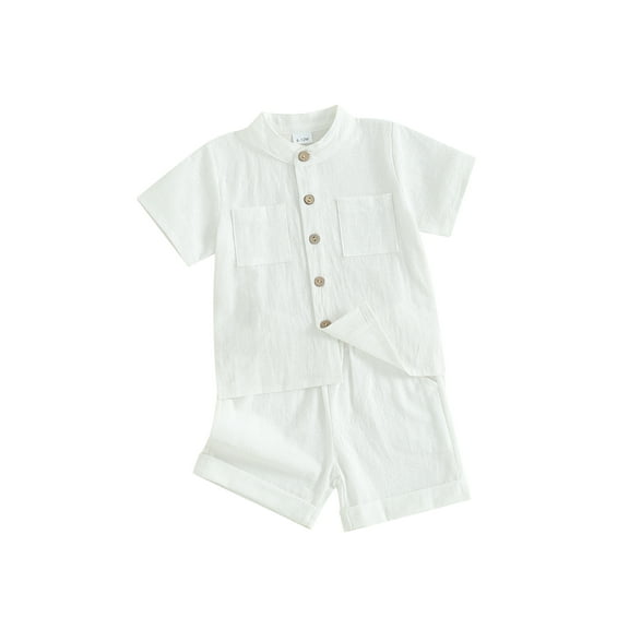 Suealasg Kids Boys Summer Outfits 6M 1T 2T 3T 4T 5T Little Boys Short Sleeve Button T-Shirt Tops Elastic Shorts Set 2Pcs Child Boys Casual Linen Clothing