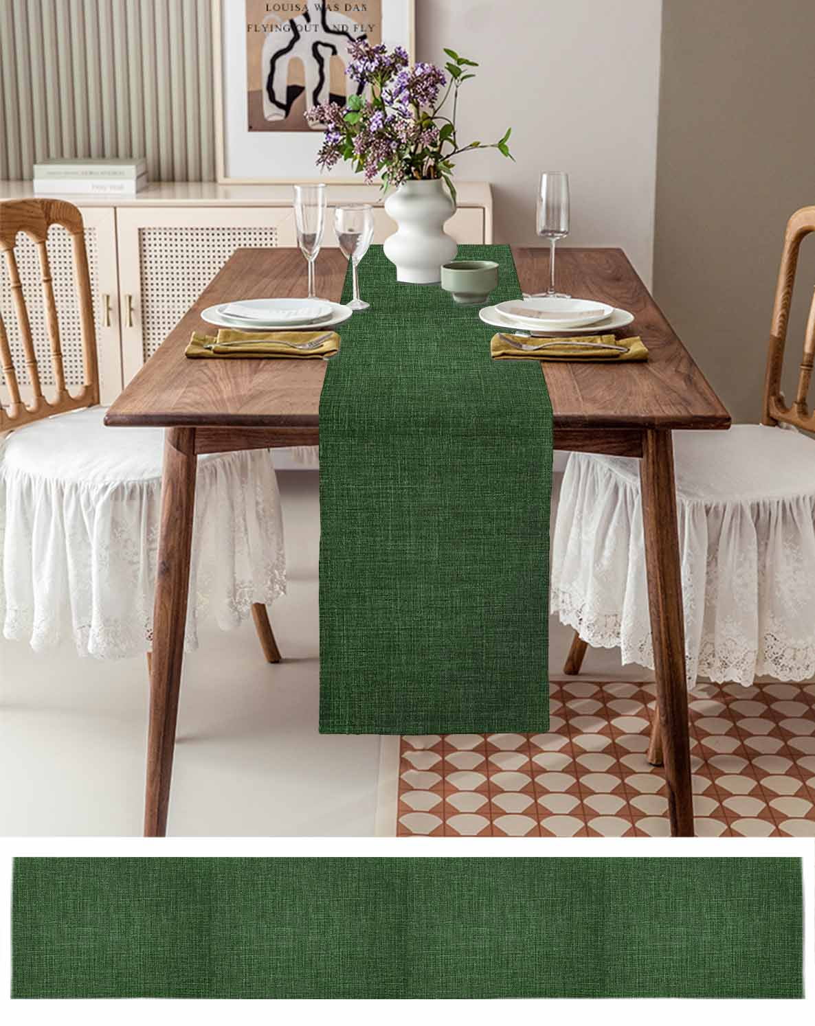 Table Runner 120 Inches Long for Kitchen Dining, Dark Green Dresser Scarf Farmhouse, Dining Table Decorations for Wedding/Parties, Farmhouse Burlap Solid Green Color Modern Linen Texture 13 x 120 In