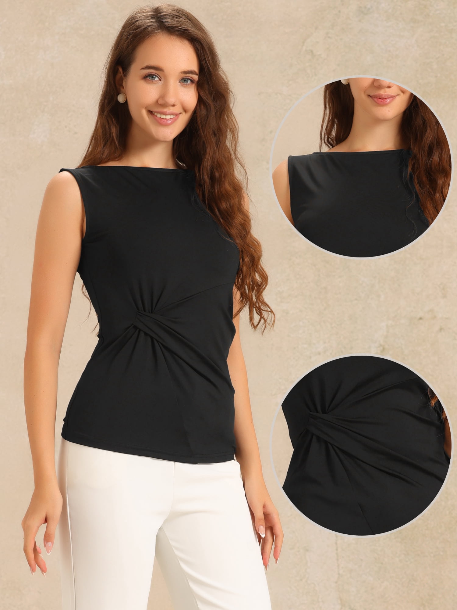 DARING DIVA Women's Front Twist Knot Tops Round Neck Sleeveless Top XS Black