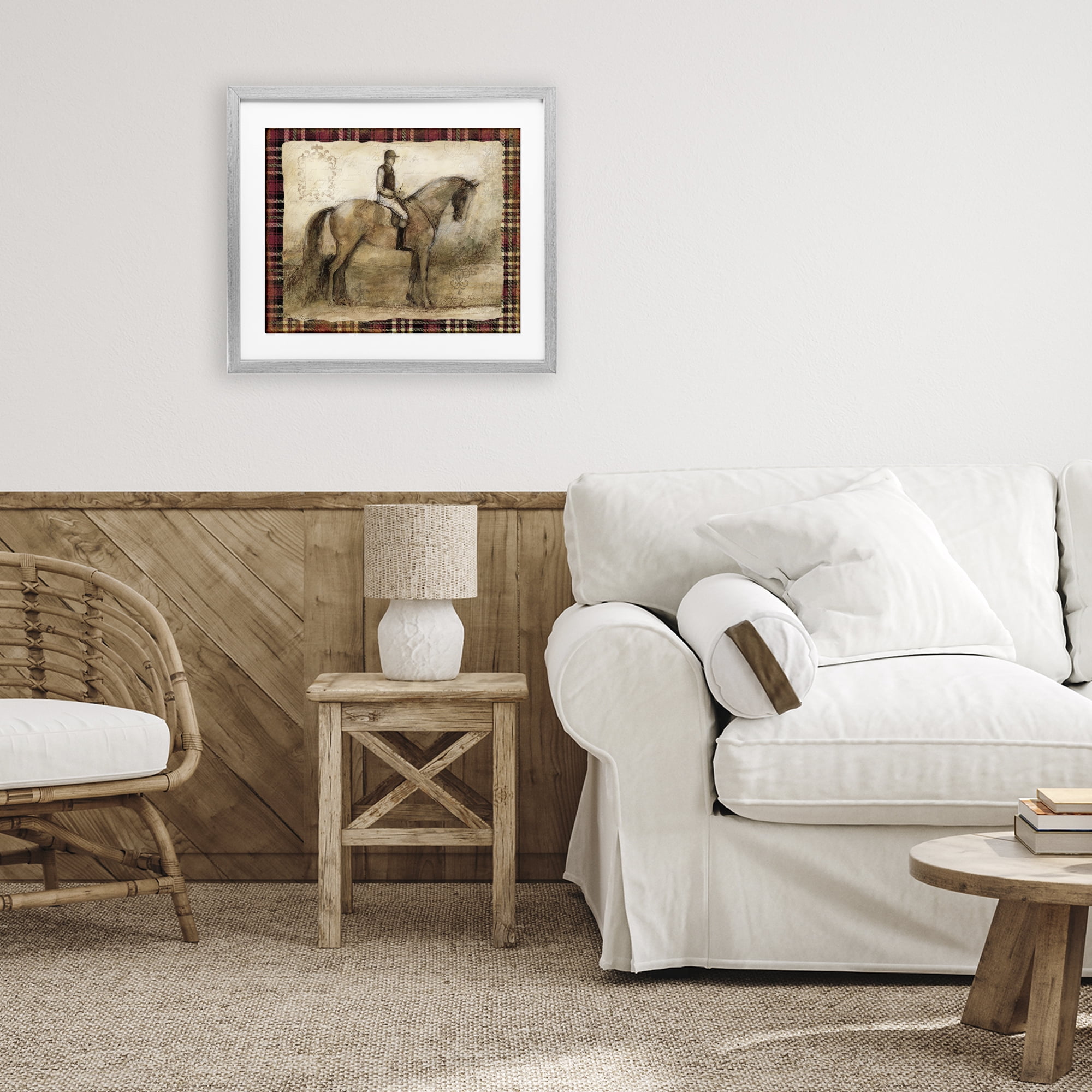 Stupell Industries Horse With Jockey & Plaid Gray Framed Print Under Glass, design by Susan Winget