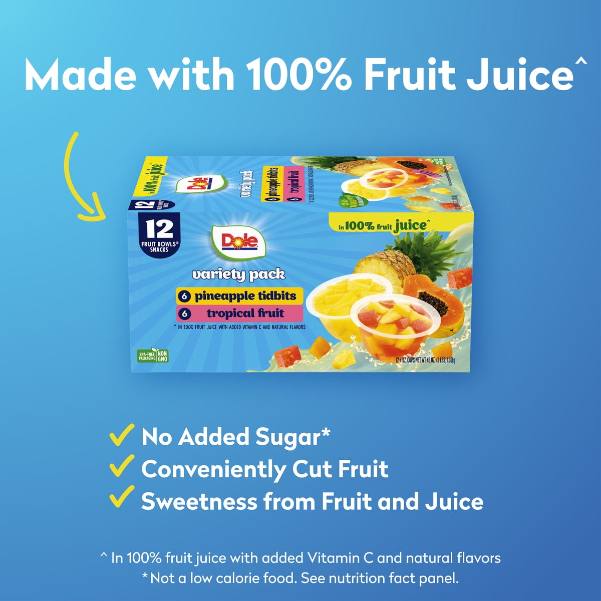 (3 pack) Dole Fruit Bowls Tropical Fruit and Pineapple Tidbits in 100% Fruit Juice, 4 oz Cups (12 Pack)