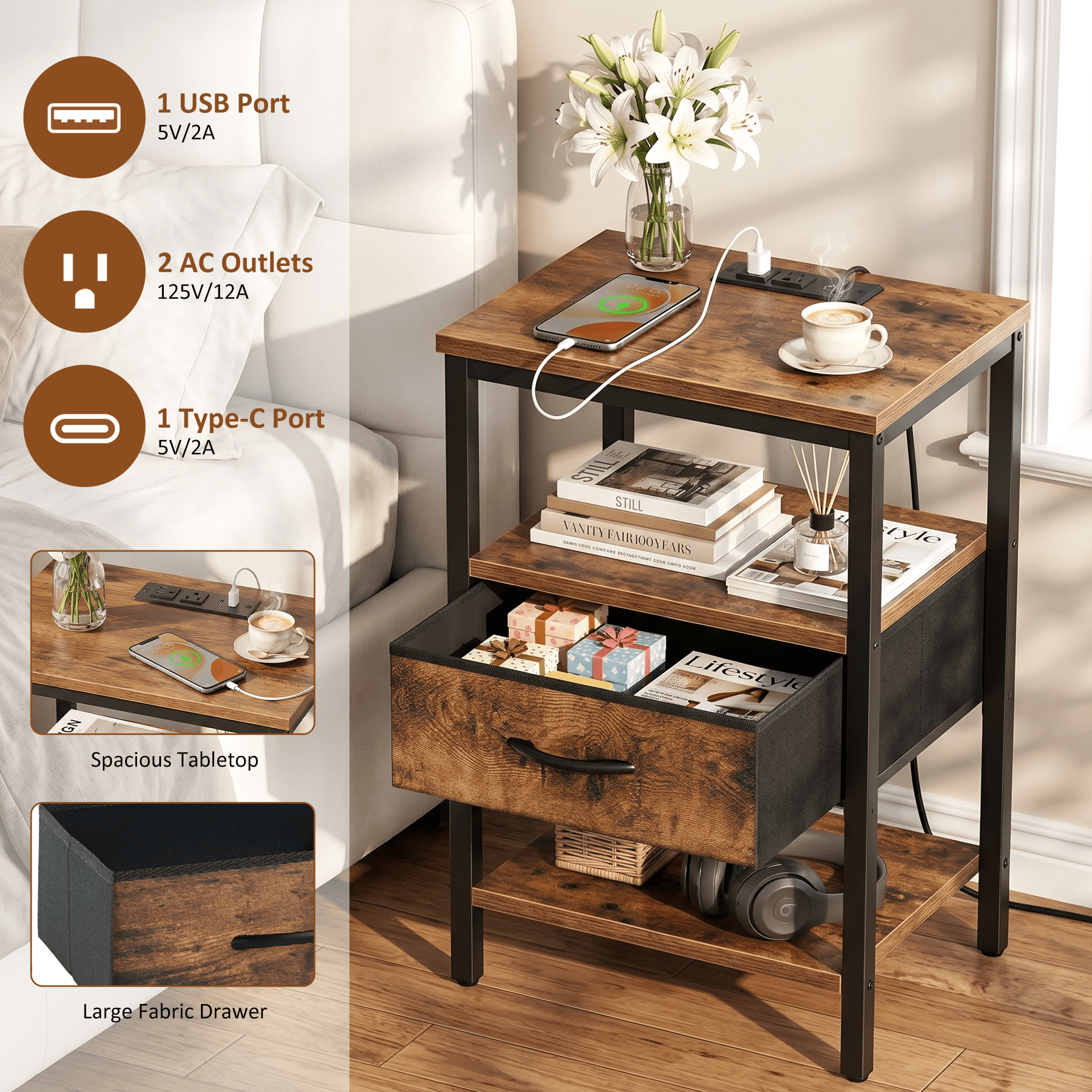 LIFERECORD Night Stand with Fabric Drawer, Nightstand with Charging Station, End Tables with Storage Shelf for Small Spaces, Bedside Table Side Tables for Bedroom, Rustic Brown