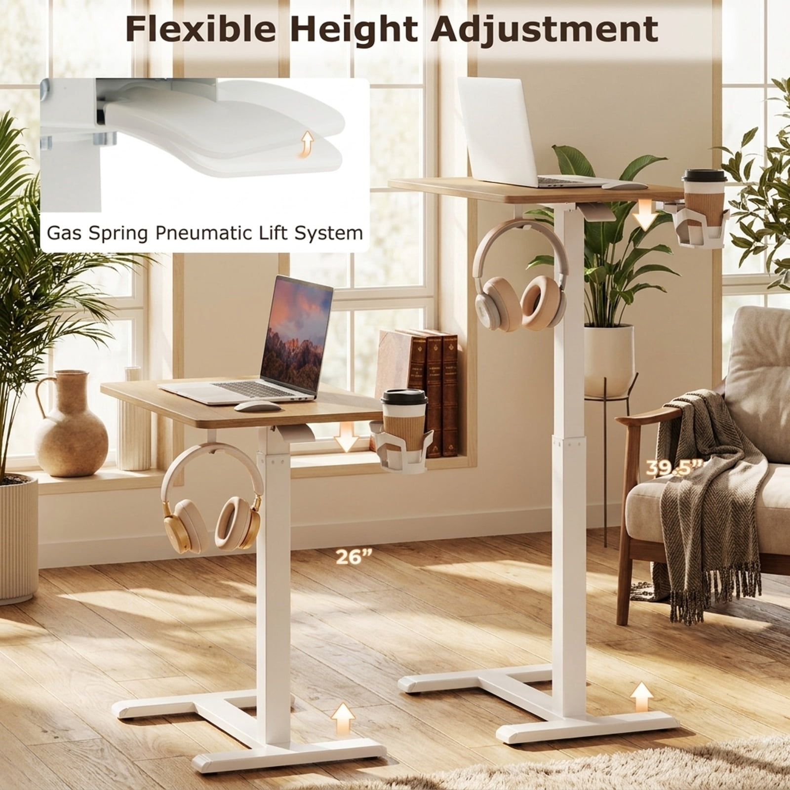 Furnibear Mobile Height Adjustable Overbed Bedside Table with Cup Holder and Wheels C Shaped Side Table for Bedroom Sofa, Natural