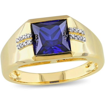 Tangelo 3.06 Carat T.G.W. Created Blue Sapphire and Diamond-Accent 10kt Yellow Gold Men's Ring