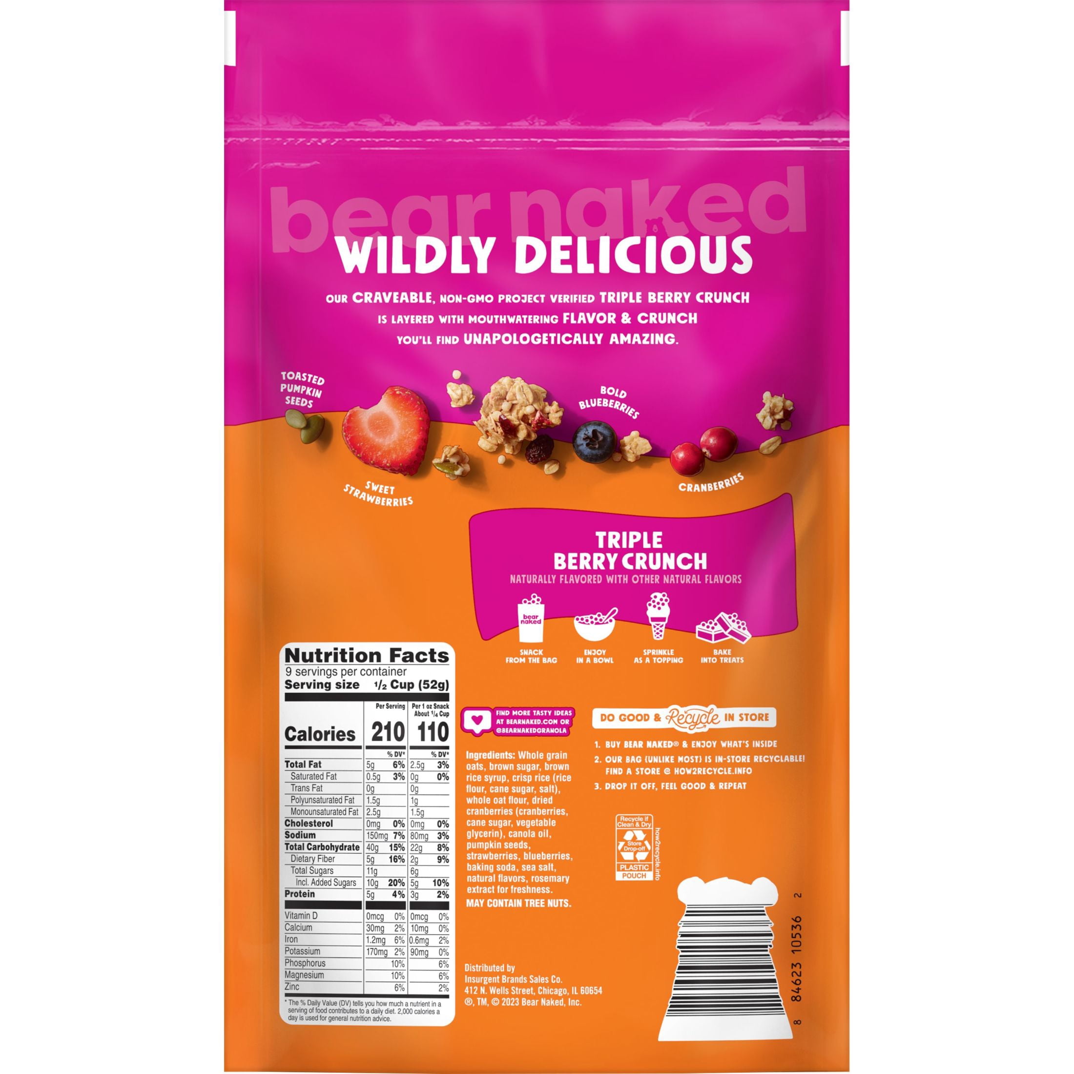 Bear Naked Granola Cereal, Fiber Snacks, Breakfast Snacks, Triple Berry Crunch, 16.5oz Bag (1 Bag)