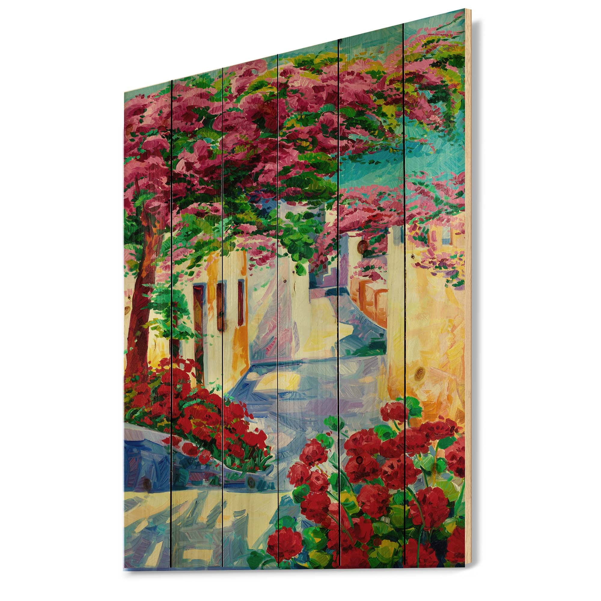 Designart 'Colorful Traditional Santorini Houses Among Flowers' Nautical & Coastal Print on Natural Pine Wood