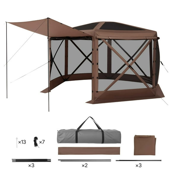 KFFKFF Pop-Up Gazebo Screen Tent, 12 x 12 ft Hexagonal Camping Canopy with Detachable Roof & Carrying Bag, Easy Setup & Insect-Resistant, Outdoor Sun Shelter for 8-10 People, Brown