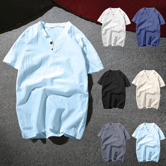 Txeol Today's Deals Men's Linen Shirt Short Sleeve V Neck Button Beach T Shirt Casual Summer Lightweight Tropical Henley Shirts,White,XL