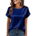 thumbnail image 6 of Satin Blouse for Women Business Casual Short Sleeve Tops Crewneck Silk Summer Shirt Dark Blue M, 6 of 6