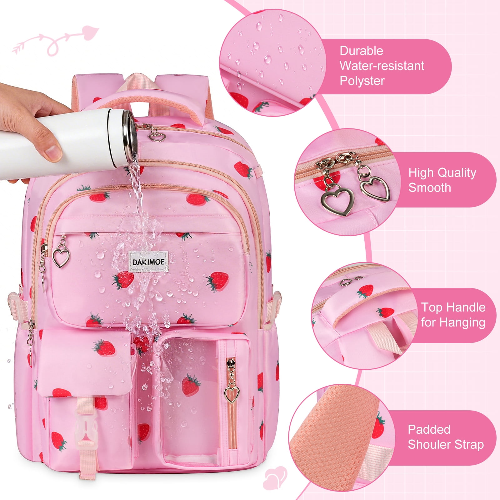 DAKIMOE Cute School Backpack Set Water Resistant Durable 3-in-1 School Bookbag for Travel & Daily Use