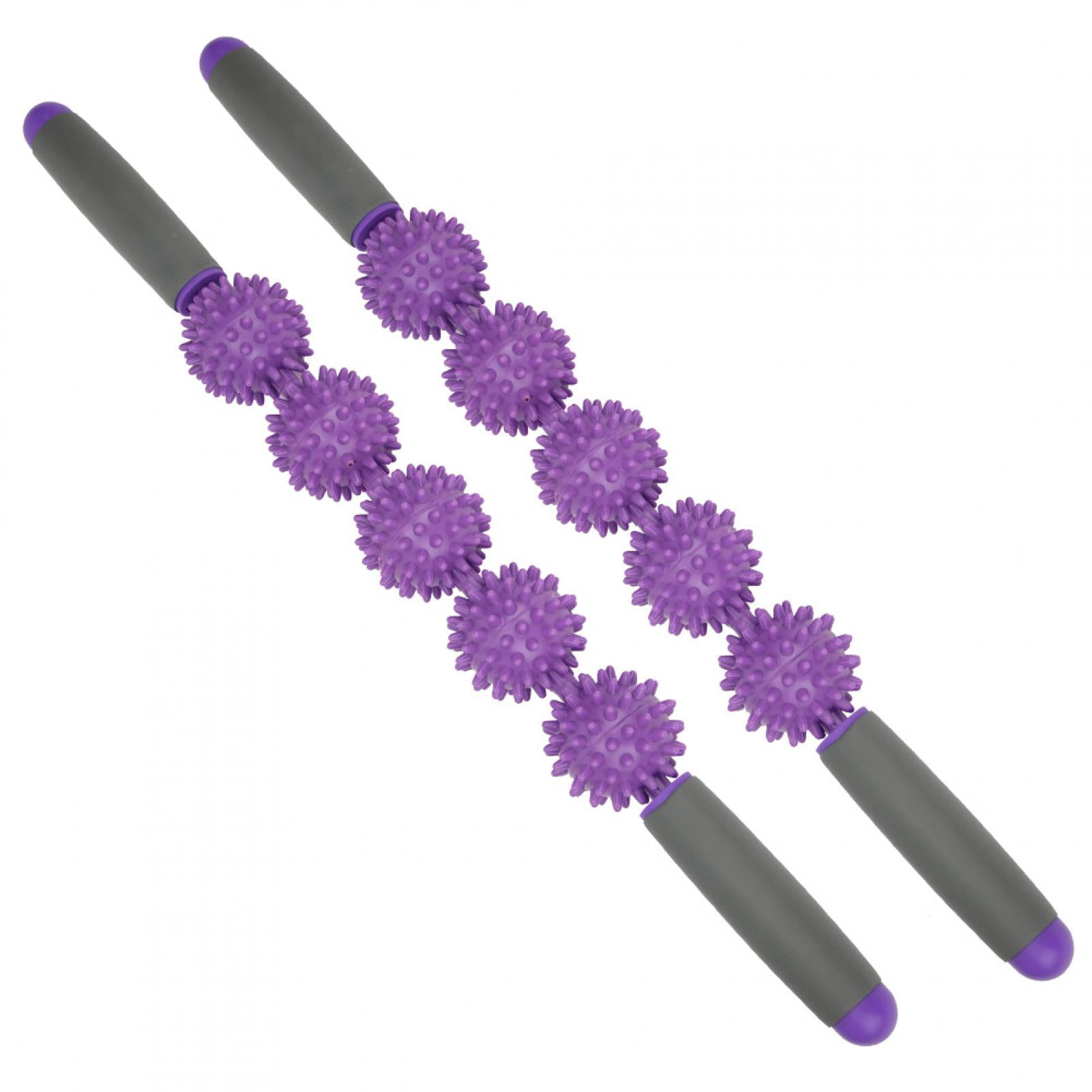 BIMZUC 2Pcs Massage Stick Muscle Relaxation Massager Five Balls Spiky Fascia Rods Yoga Roller 20.5 inches / 52 cm Purple
