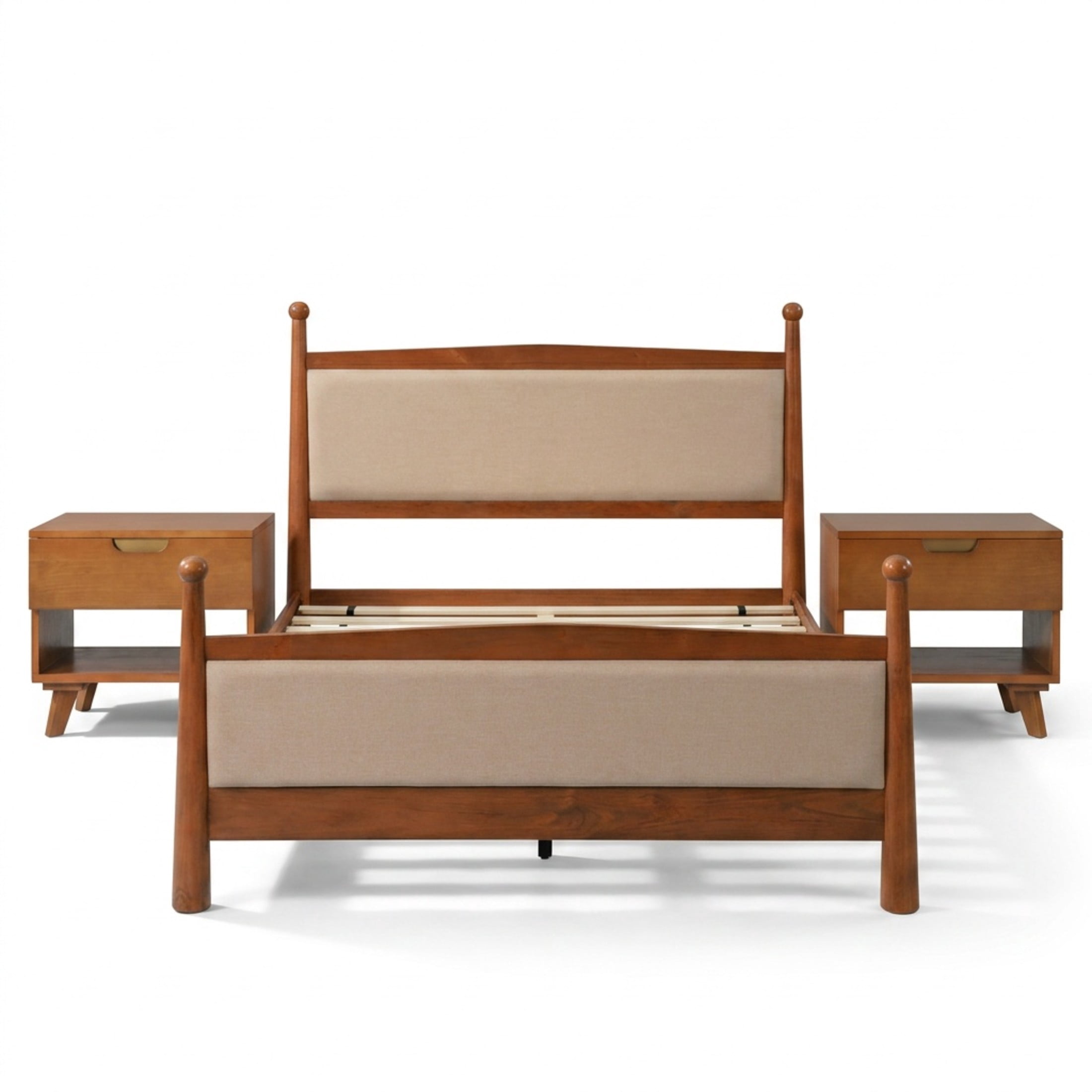 Christopher Knight Home Farmhouse Queen Upholstered Platform Bed with 2 Wooden Nightstands, Cherry