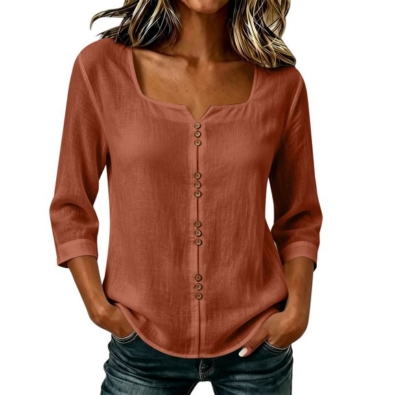 Button Down Shirts for Women Relaxed Three Quarter Sleeve Button Front Design with Easy Fit for Work Travel and Everyday Styling 3/4 Length Sleeve Tops for Women