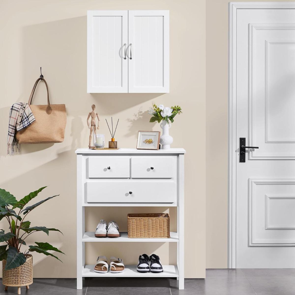 Bathroom Wall Cabinet, Kitchen Storage Cupboard Cabinet with 2 Doors, Wall Mount Storage Cabinet for Bathroom, Kitchen, Living Room, White
