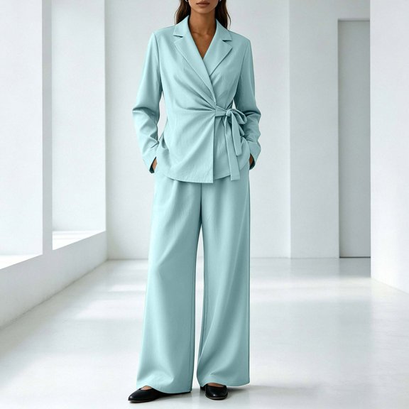 Maqroz 2 Piece Outfits for Women Notched Lapel Blazer Long Sleeve Wrap Tie Waist Side Pockets Wide Leg Pants Tailored Business Casual Work Office Elegant Versatile Matching Set Size S-4Xl