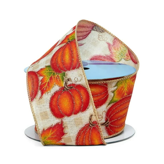 Pumpkins On Gingham Wired Ribbon - 2 1/2 Inches Wide x 10 Yards (56000203)