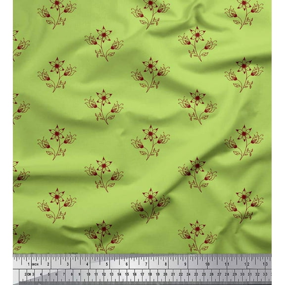 Soimoi Green Cotton Duck Fabric Artistic Leaf & Floral Print Fabric by Yard 42 Inch Wide