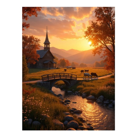 Diamond Art Kits for Adults, Sunset Over Meadow Bridge Stream 5D Diamond Painting Kits for Adults Beginners, DIY Full Drill Diamond Painting, Gem Art and Crafts 12x16