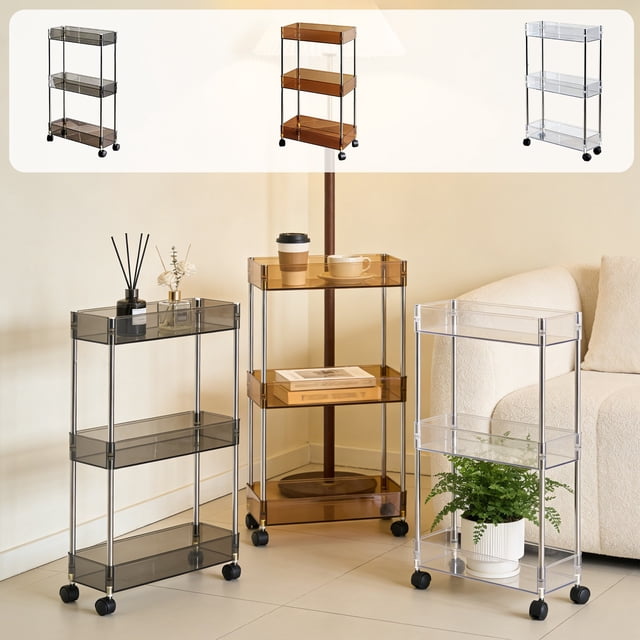TTJ Petit Chariot Roulant Transparent en Acrylique, Chariots de Rangement Roulants à 3 Niveaux, Minces et Étroits, Chariot Multifonction avec Roues, Organisateur Gain de Place pour Interstices pour Salle de Bain, Cuisine, Buanderie, Petits Espaces