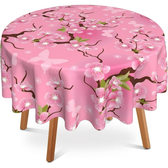 Nappe Ronde 60 Pouces, Nappe Fleurs de Cerisier Imperméable Résistante aux Taches et aux Plis, Lavable, Housse de Table Ronde pour Maison Cuisine Salle à Manger Fête Pique-Nique Extérieur