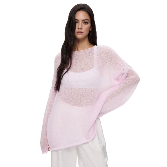 Women Oversized Long Sleeve Sheer Mesh Knit Sweater Tops Y2K Summer Loose Hollow Out Pullover Jumper Shirt Beach Pink S