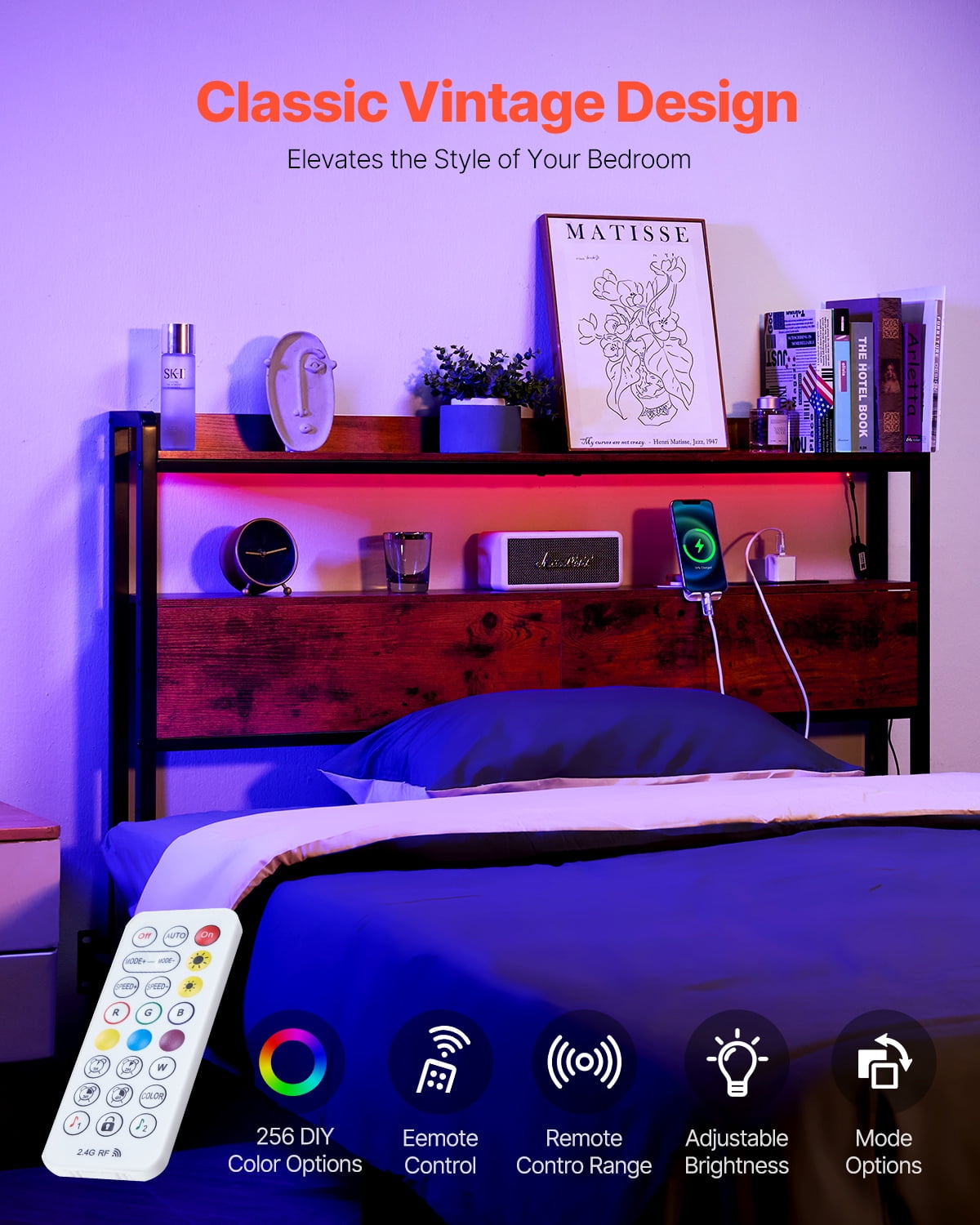 VEVOR Headboard for Full Size Bed, Adjustable Height Headboard with 2 Shelves Storage, Freestanding Head Board with Charging Station and LED Light for Different Bed Frames, Easy Assembly, Brown