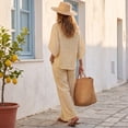 thumbnail image 4 of Cotton Linen Sets for Women 2 Piece Batwing Sleeve V Neck Button Shirts and Wide Leg Pants Set Summer Casual Outfit, 4 of 7