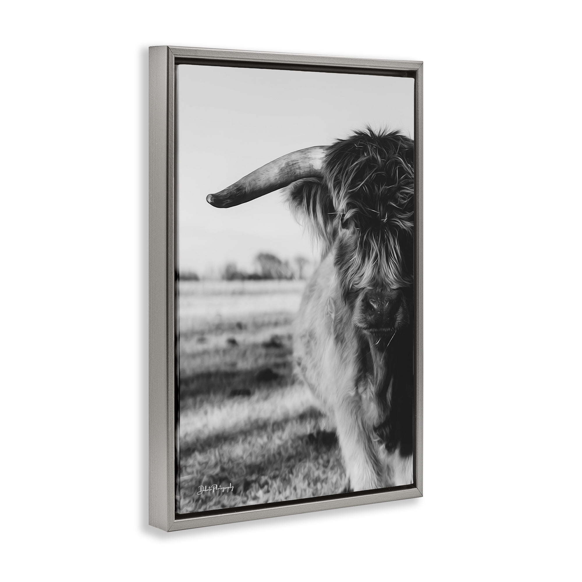 Stupell Industries Baby Cattle in Monochrome Gray Framed Floater Canvas Wall Art, design by Dakota Diener