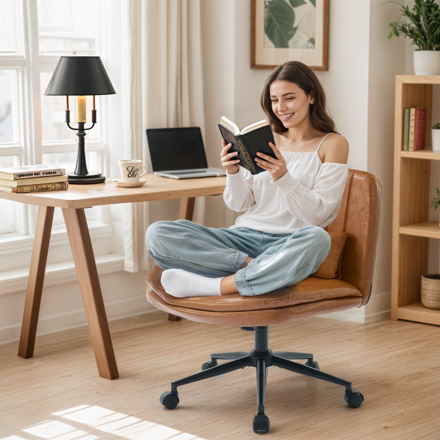 IPKIG Armless Criss Cross Office Chair, Brown PU Leather Adjustable Swivel Desk Chair with Lumbar Support Pillow for Home Office, Living Room, Vanity