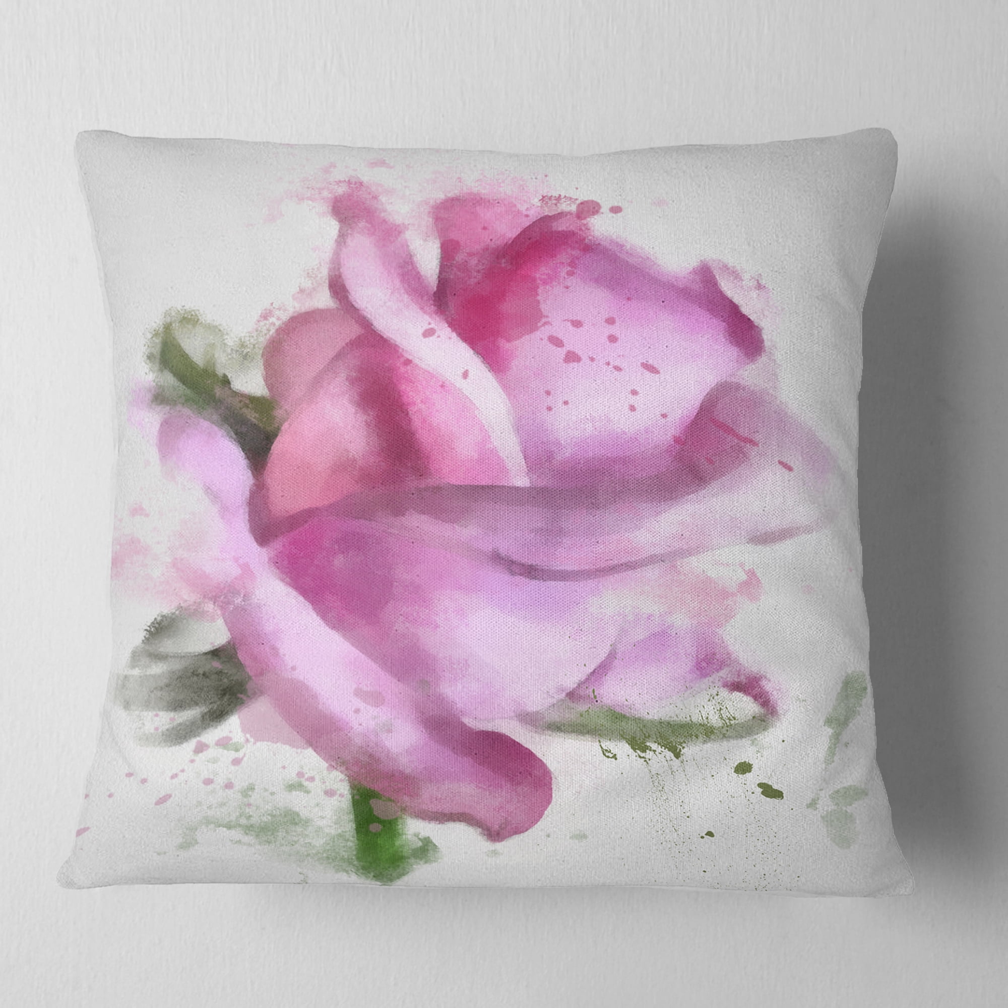 Designart Pink Rose Drawing Watercolor - Floral Throw Pillow - 18x18