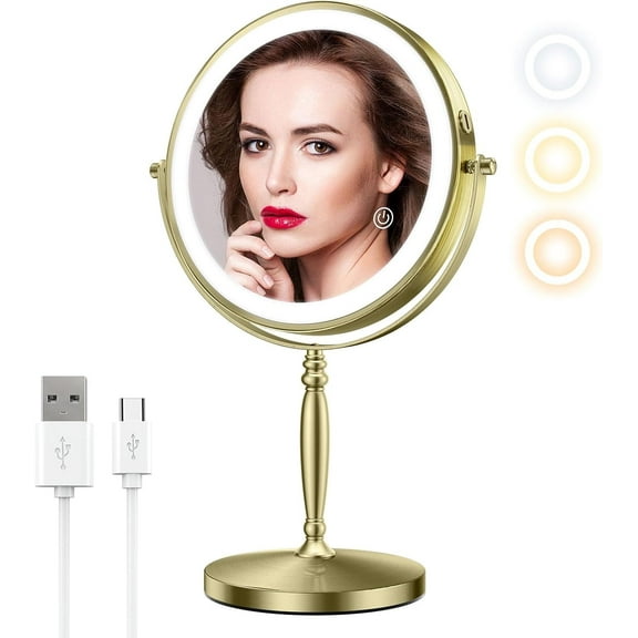 GALAPROX 8'' Makeup Mirror with Lights, 1X/10X  Magnifying Tabletop Mirror-Brass Gold