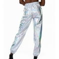 thumbnail image 3 of SWSMCLT Women's Casual Metallic Pants Shiny Hot Dance Casual Pants Long Trousers Halloween Stretch Elastic Waist Silver White Small, 3 of 4