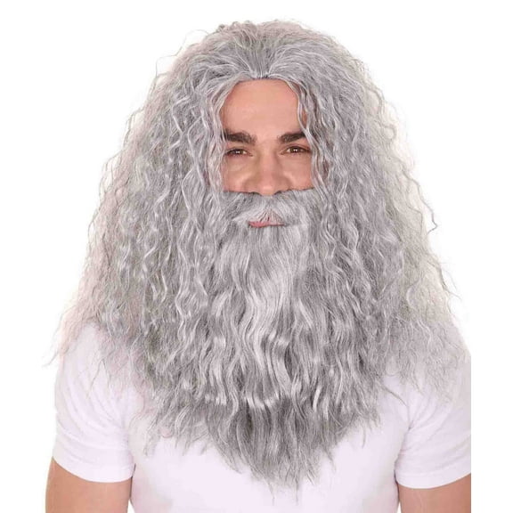 HPO WizWear Adult Men Alaric Wizard Wig with Beard Capless Costume Set Grey Synthetic Fibers
