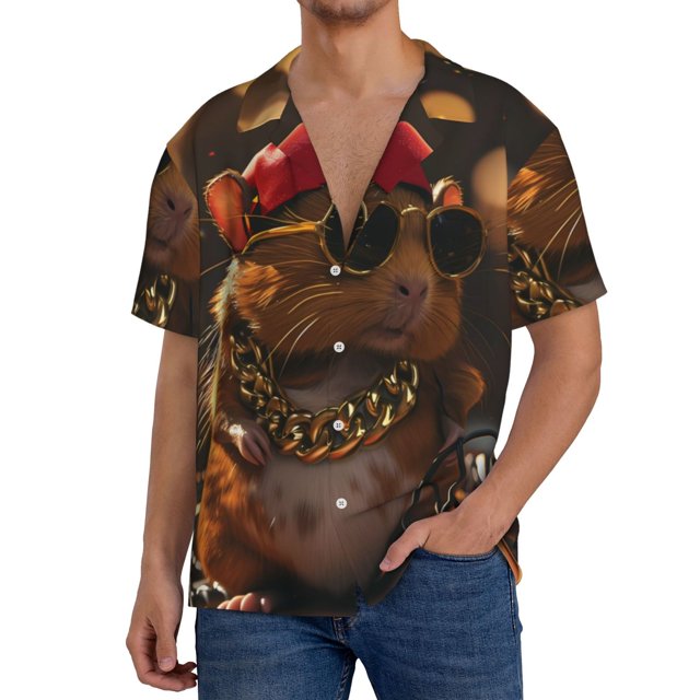 Honeii Hip-Hop Guinea Pig. for Men's Short-Sleeved Button-Up Collared Shirt Featuring A Pocket, Perfect for Beach Vacations, And Travel Adventures-Large