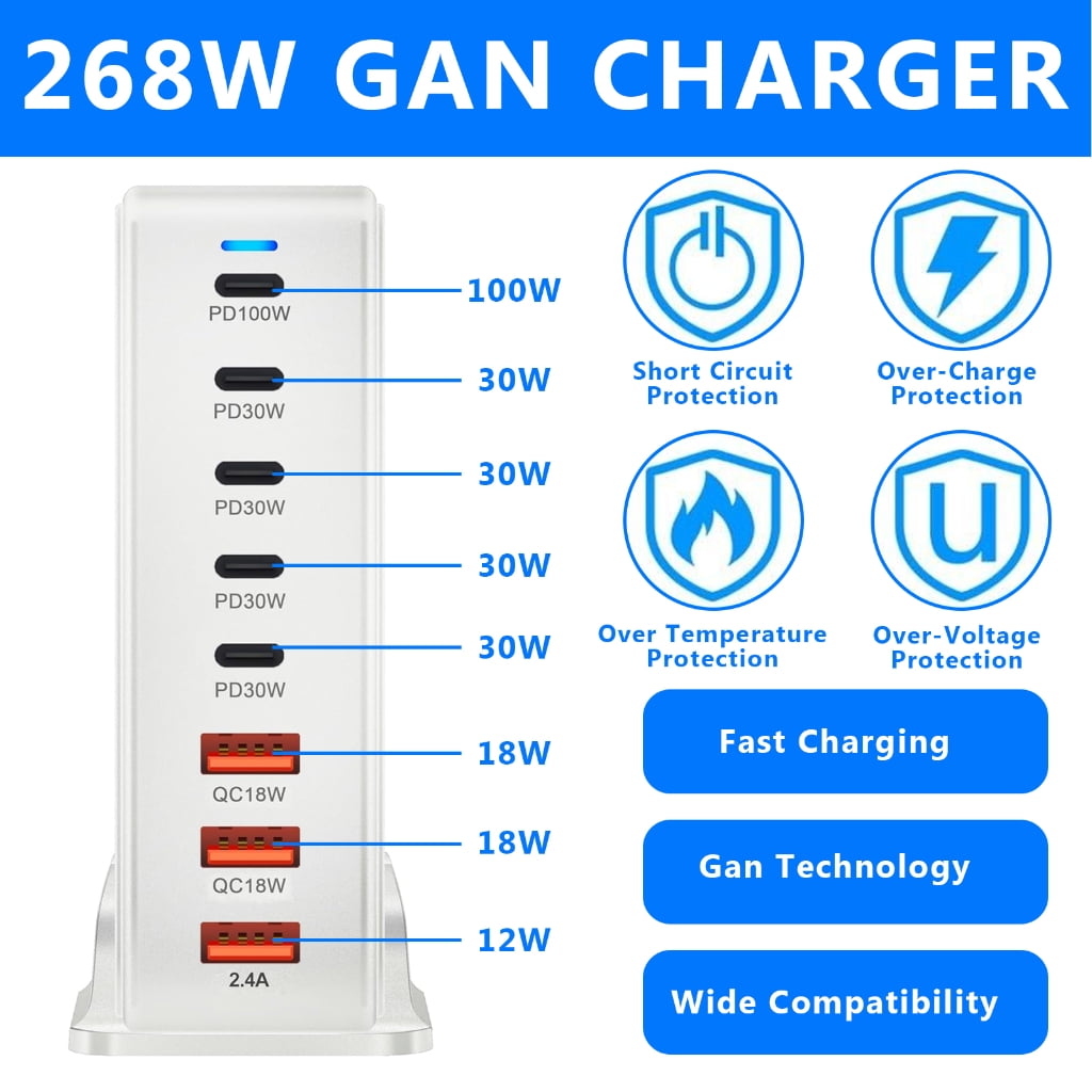268W 8 Port USB C Chargers Fast Charging Station TypeC PD Chargers Adapters