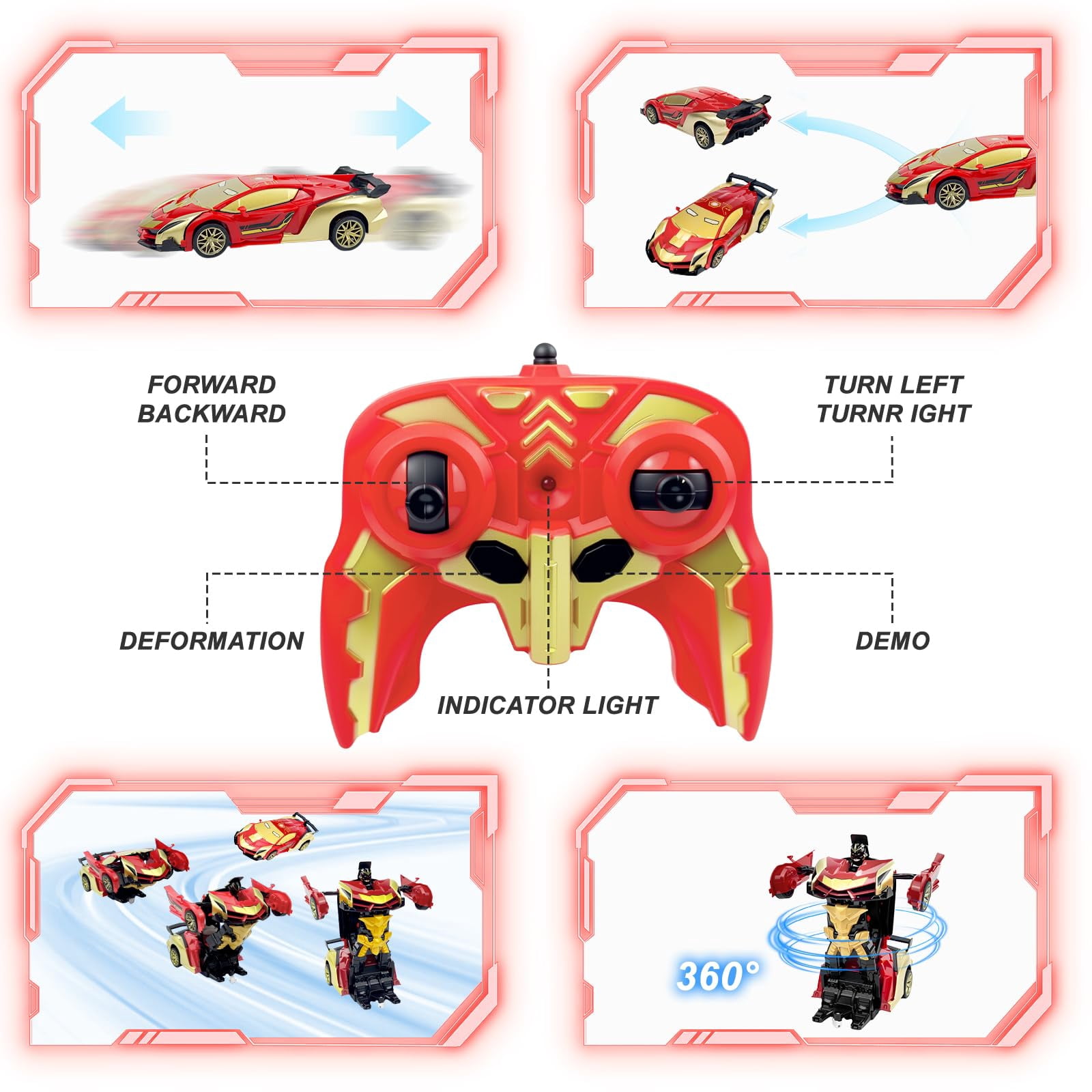 Remote Control Car, 1:18 Scale Transforming Robot Toy with One-Button Deformation, 2.4GHz RC Vehicle with LED Lights, Gift for Boys Ages 4-12