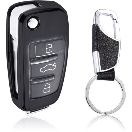 KUNIO Flip Key Case For Audi A1 A3 A4 A5 A6 A7 Q3 Q5 Q7 S6 Etc. - Aluminum Alloy & Leather Cover For 3 Button Key Fob (White)