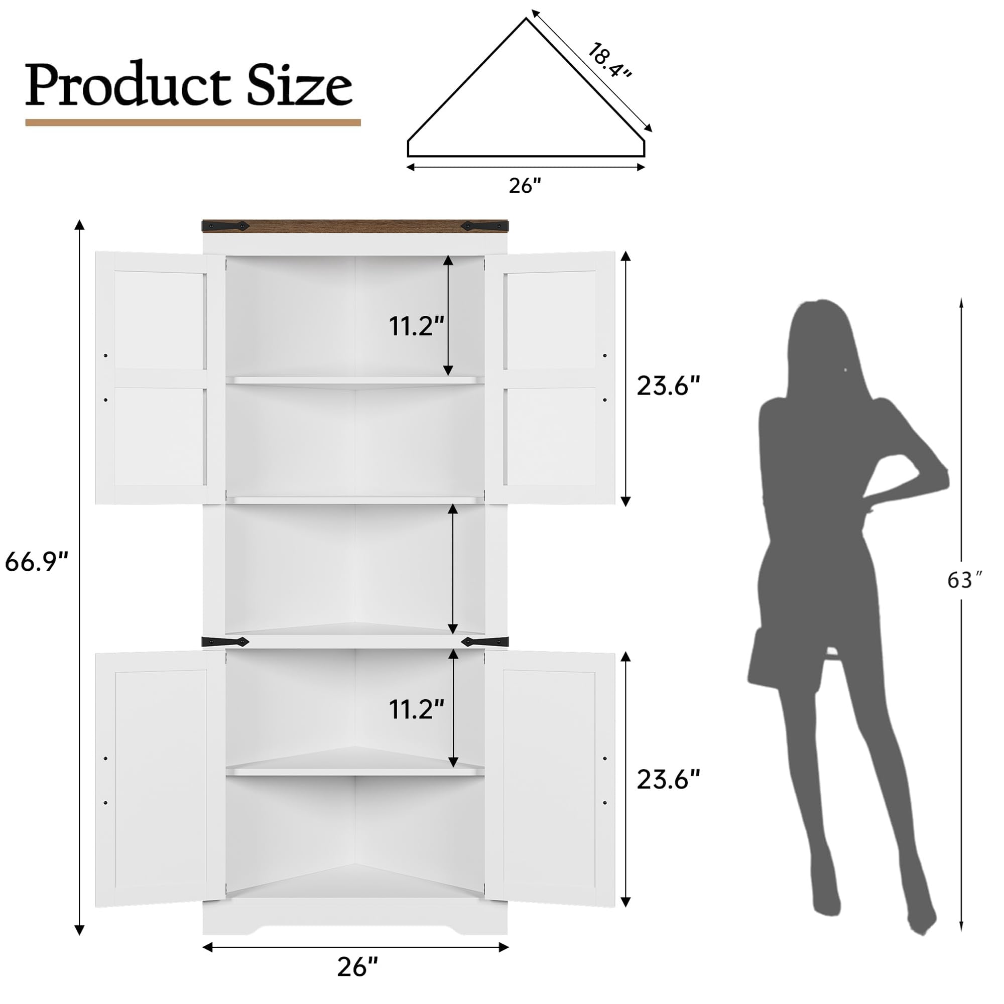 Corner Storage Cabinet with Glass Doors, Double-Door Corner Cabinet, Corner Cabinet with Shelves, Corner Cabinet with Light Strips-white