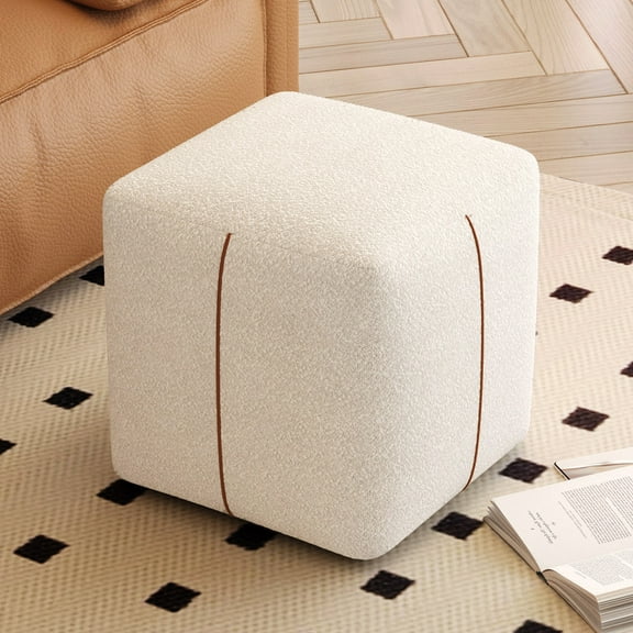 Square Ottoman Footstool with Plush Fabric, 18.5” Upholstered Small Shoe Stool for Bedroom, Living Room, Entryway, Beige