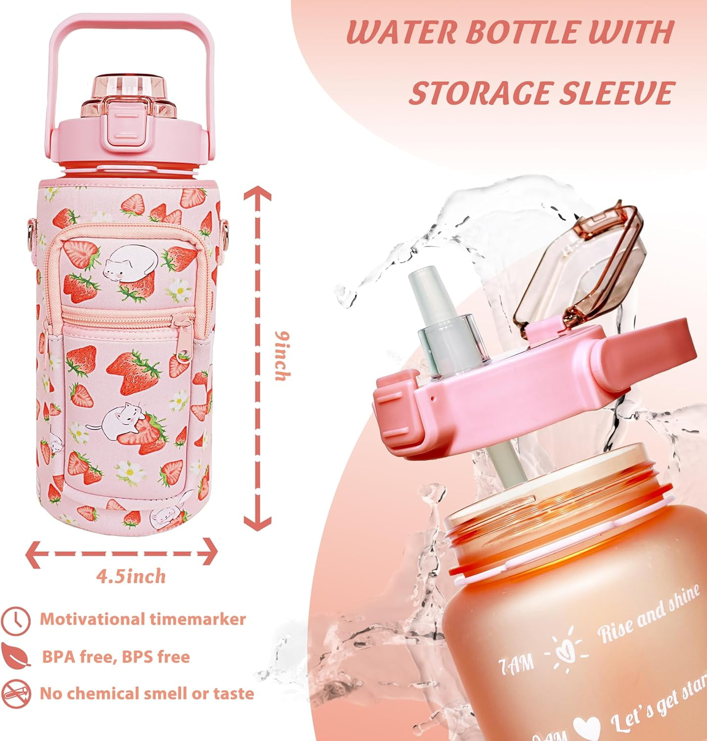 64 oz Water Bottle with Straw Sleeve & Strap Motivational BPA Free Half Gallon Water Jug with Handle for Gym Women Men Aesthetic Water Bottle with Strap Strawberry Cat