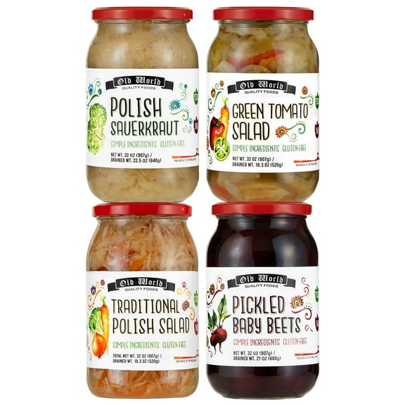 Set of Four 32 Oz Jars of Assorted Pickled Vegetables - Polish Salad, Pickled Baby Beets, Polish Barrel Sauerkraut, and Green Tomato Salad