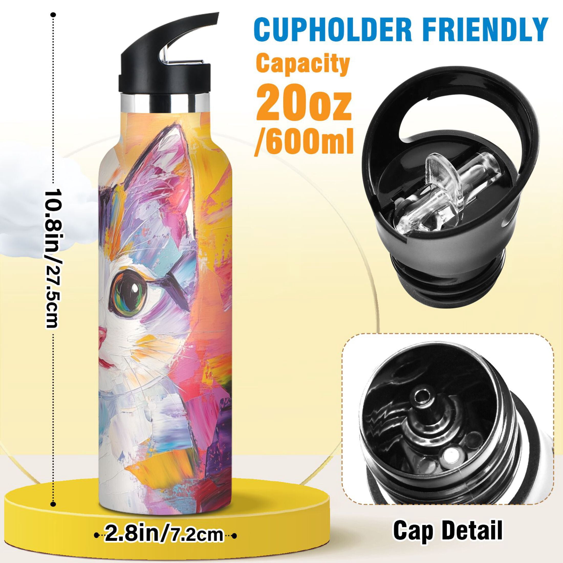 600ML Stainless Steel Insulated Cup Sports Water Bottle Portable Thermos Cup Water Glasses Insulated Tumblers Convenient and Durable Oil Painting Colorful Cat