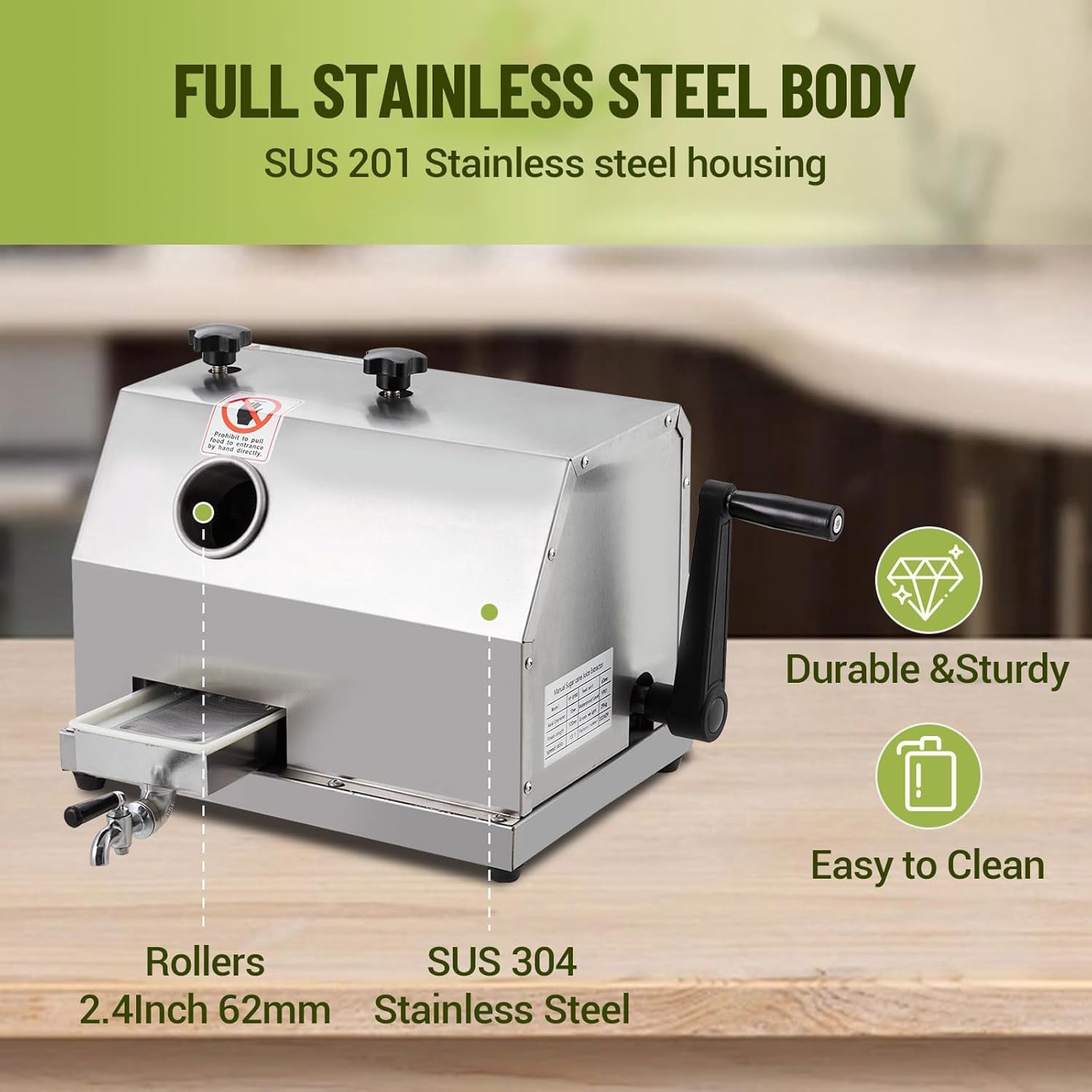 ChaoLink 86 Manual Sugar Cane Juicer Machine, 3 Stainless Steel Rollers, 2.4-Inch Large Feeding Chute, 110LBS/Hour, Portable Design