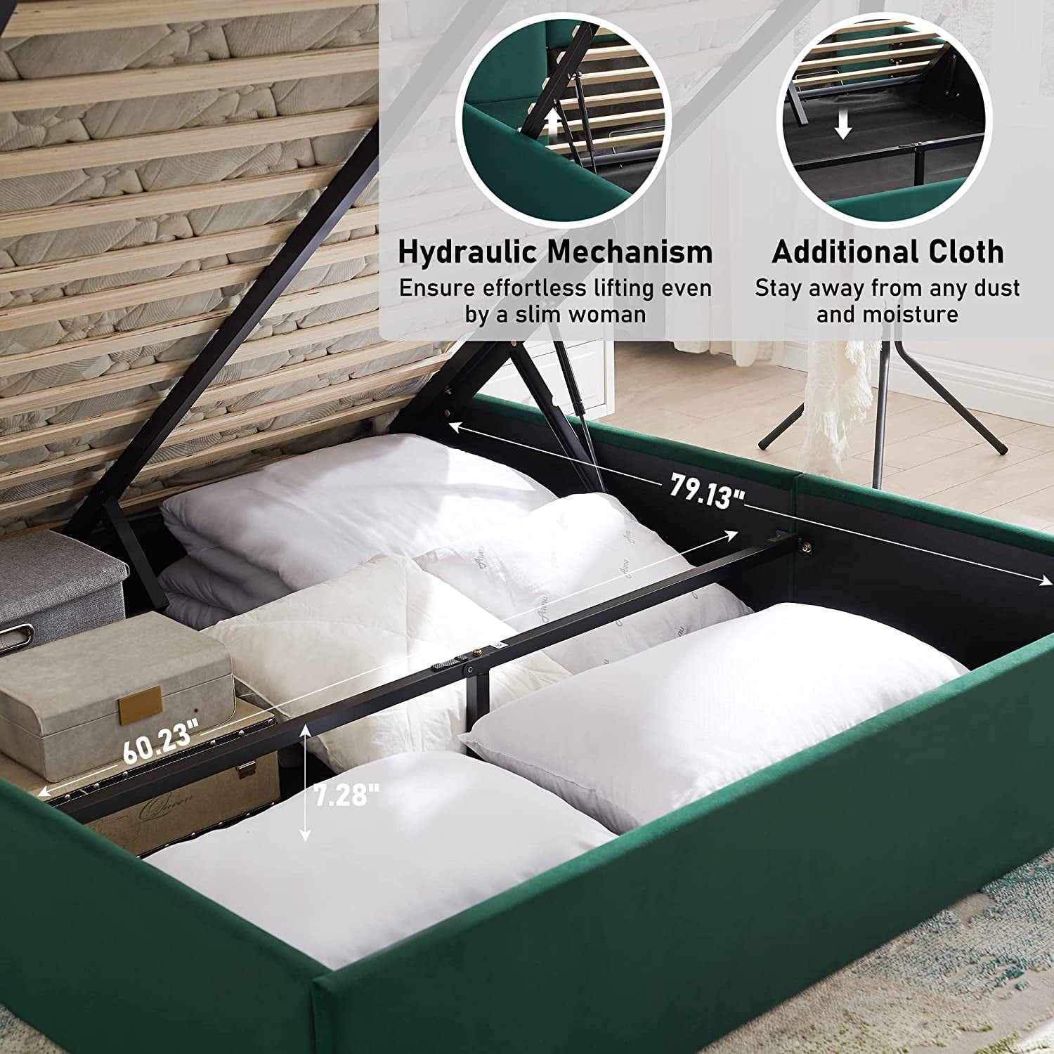 Zanmintaobo Queen Bed Frame with Storage & Headboard, Upholstered Platform Bed with Hydraulic Storage System, No Box Spring Needed, Wood Slats Support, Easy Assembly, Queen Size, Dark Green