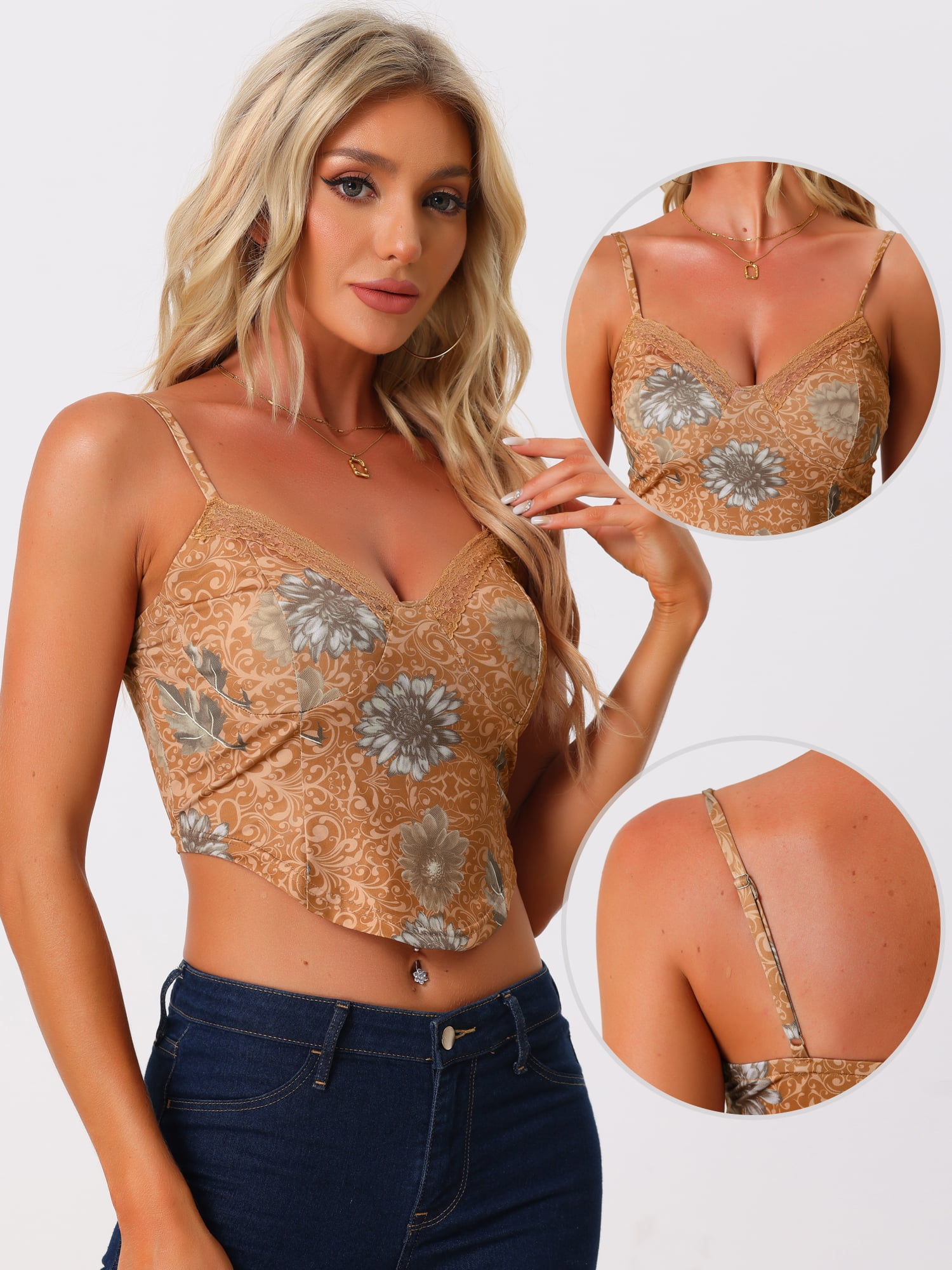 Unique Bargains Women's Retro Floral Print Cami Lace Sleeveless Crop Top XL Brown