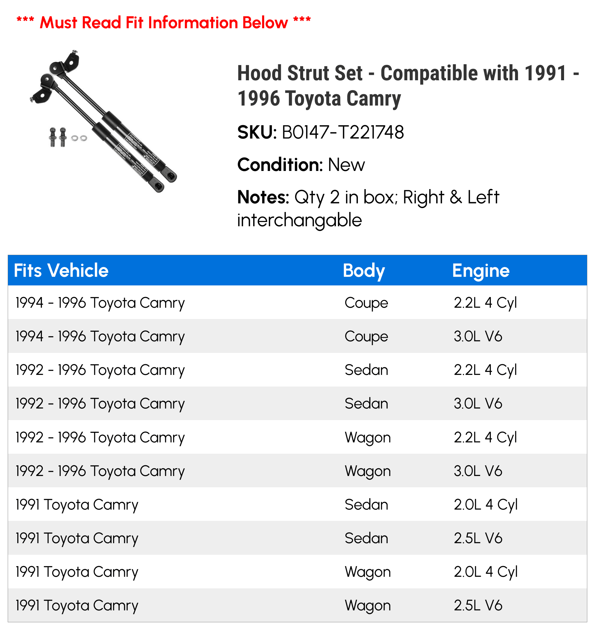 Hood Strut Set - Compatible with 1991 - 1996 Toyota Camry - Autopart Premium