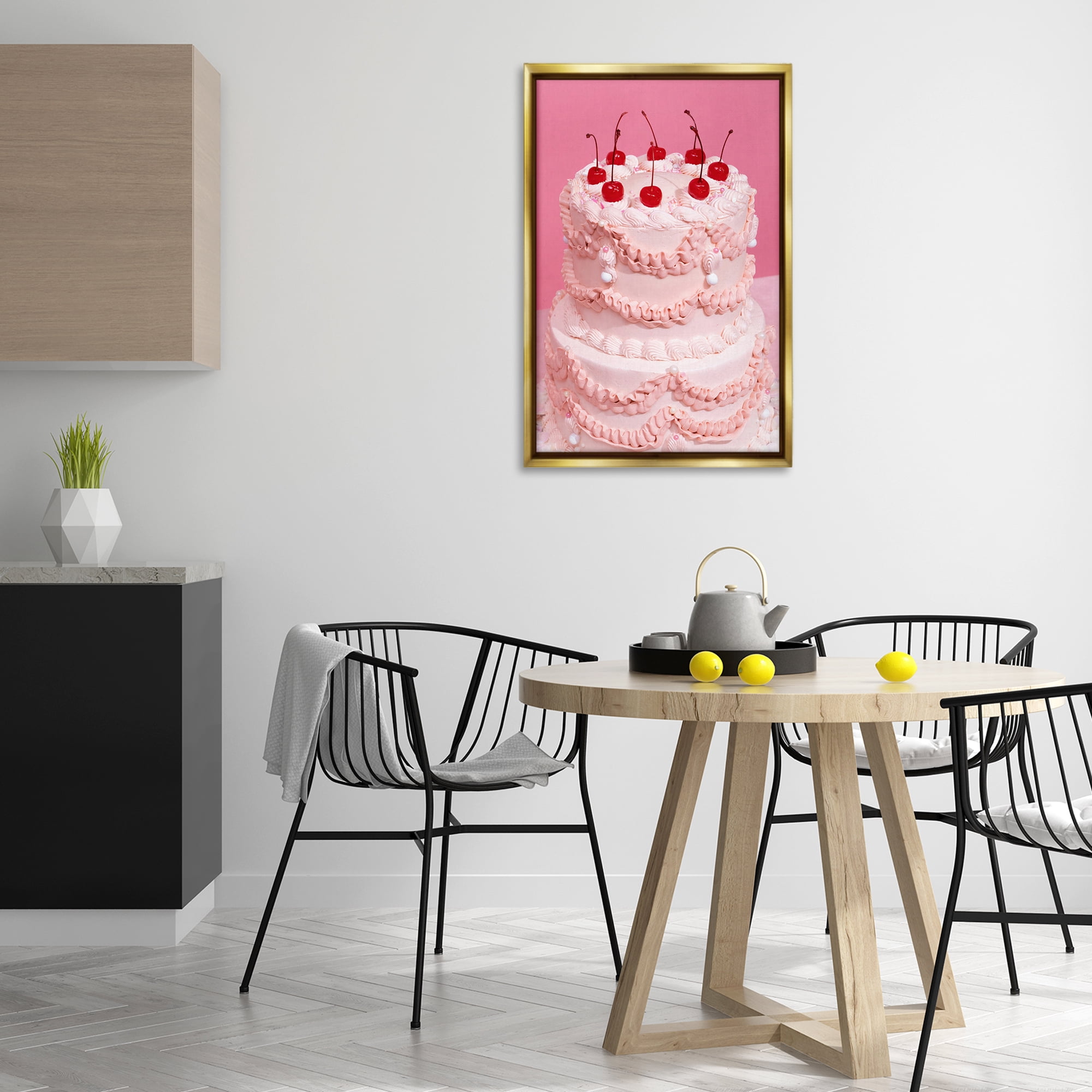 Stupell Industries Pink Cherries Cake Food & Beverage Painting Gold Floater Framed Art Print Wall Art, 21 x 31