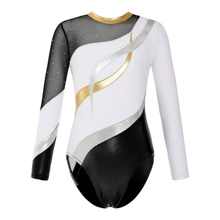 Alvivi Kids Girls Long Sleeve Sparkle Diamond Gymnastics Leotard Athletic Dance Bodysuit Tops White 12