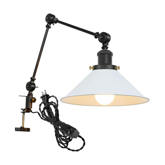 Kiven Dimmable Clip-on Desk Lamp, 1-Light Iron Modern clip on light with Flexible Swing Arm, 8.2FT Plug in Cord, Decorative Clamp Lamp for Office Bedside Bookshelf Cabinet E26 Sokcet,White